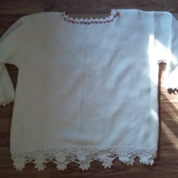 Beautiful White Ribboned Sweater 26" Long 24" Wide SZ L Never Worn with Pearls - Picture 7 of 8